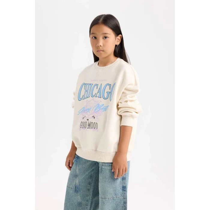 D7046 Relax Fit Bisiklet Yaka Baskılı Sweatshirt