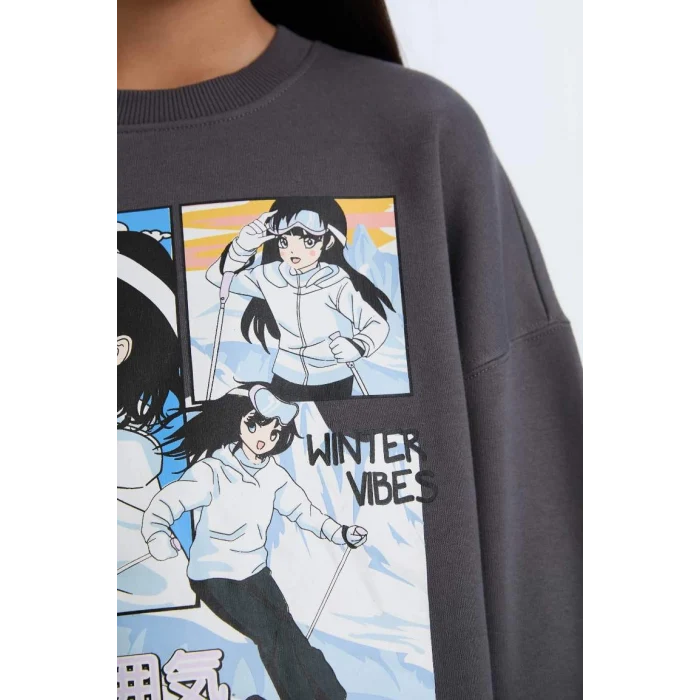 D7054 Oversize Geniş Kalıp Bisiklet Yaka Baskılı Sweatshirt