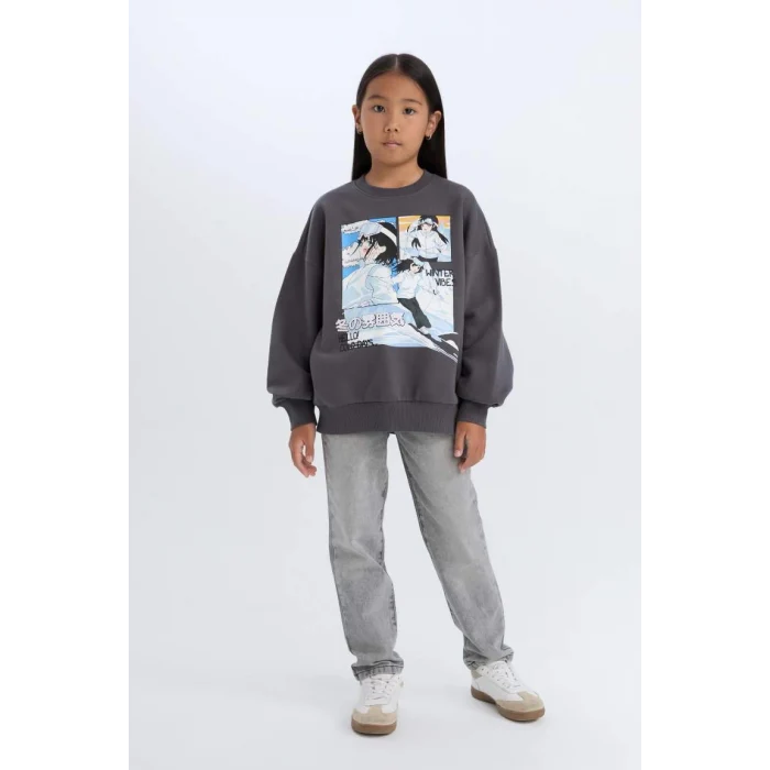 D7054 Oversize Geniş Kalıp Bisiklet Yaka Baskılı Sweatshirt