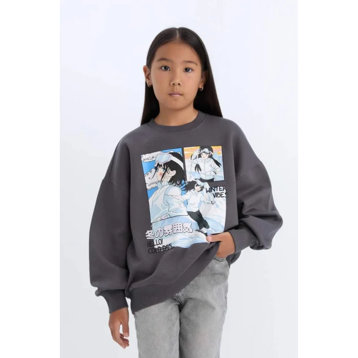 D7054 Oversize Geniş Kalıp Bisiklet Yaka Baskılı Sweatshirt