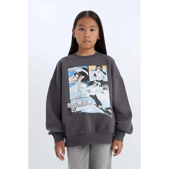 D7054 Oversize Geniş Kalıp Bisiklet Yaka Baskılı Sweatshirt