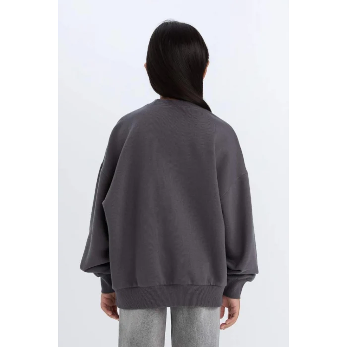 D7054 Oversize Geniş Kalıp Bisiklet Yaka Baskılı Sweatshirt