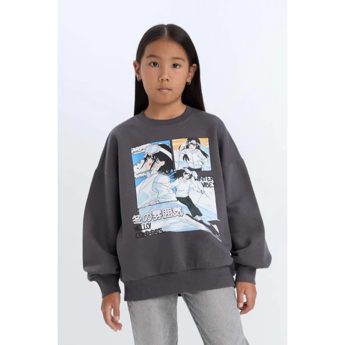 D7054 Oversize Geniş Kalıp Bisiklet Yaka Baskılı Sweatshirt