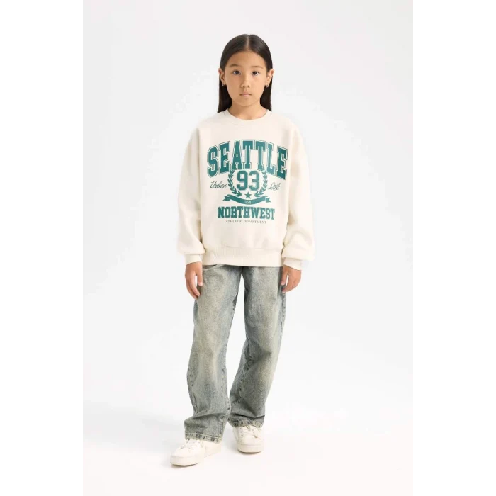 D7057 Relax Fit Bisiklet Yaka Baskılı Sweatshirt