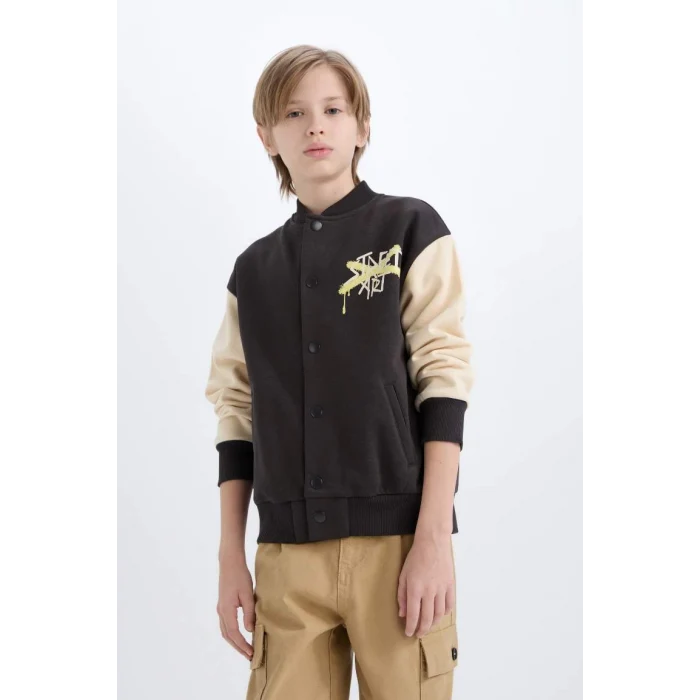 D7214 Kolej Yaka Sırt Baskılı Çıtçıt Kapamalı Bomber Hırka