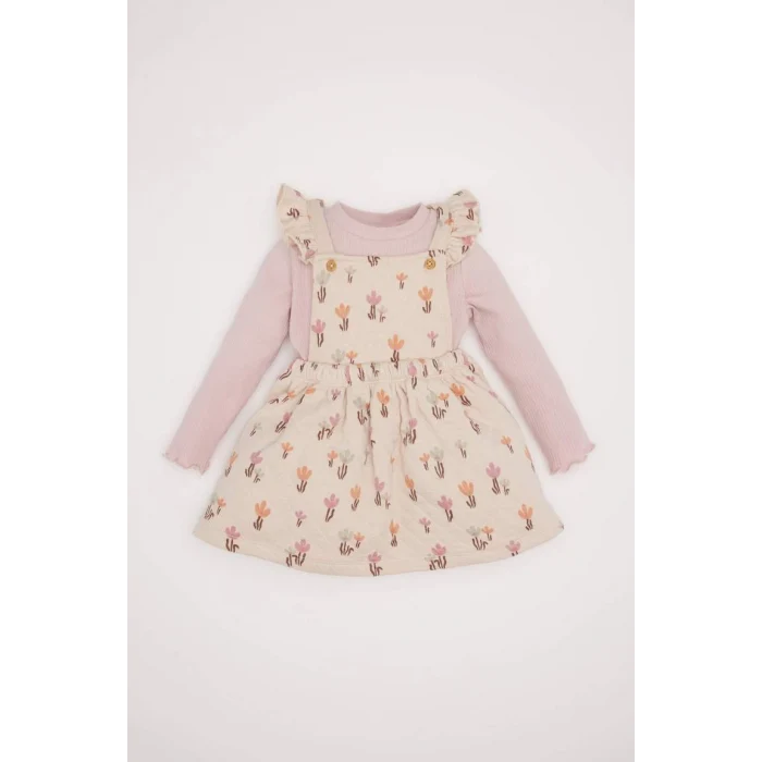 D7252 Kız Bebek 2li Takım Çiçekli Fitilli Kaşkorse Uzun Kollu Basic Tişört Elbise