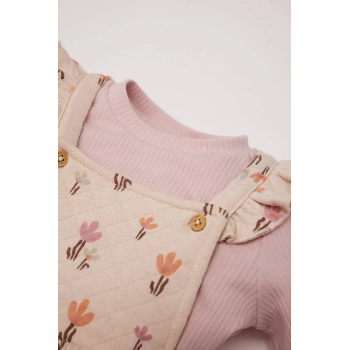 D7252 Kız Bebek 2li Takım Çiçekli Fitilli Kaşkorse Uzun Kollu Basic Tişört Elbise