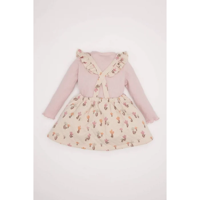 D7252 Kız Bebek 2li Takım Çiçekli Fitilli Kaşkorse Uzun Kollu Basic Tişört Elbise
