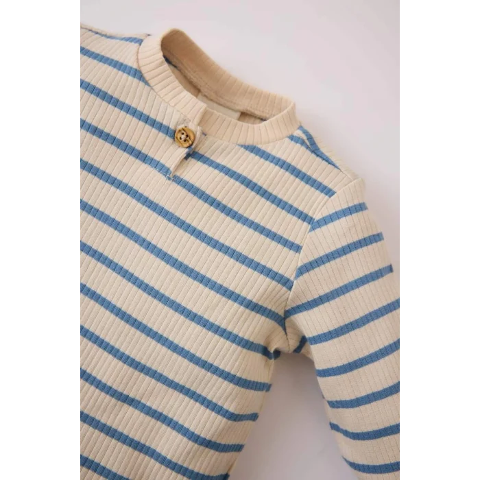 D7256 Kız Bebek 2li Takım Bisiklet Yaka Çizgili Fitilli Kaşkorse Uzun Kollu Üst İspanyol Paça Beli Lastikli Tayt