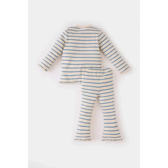 D7256 Kız Bebek 2li Takım Bisiklet Yaka Çizgili Fitilli Kaşkorse Uzun Kollu Üst İspanyol Paça Beli Lastikli Tayt