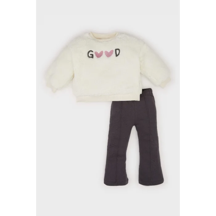 D7261 Bisiklet Yaka Baskılı Sweatshirt İspanyol Paça Alt 2li Takım