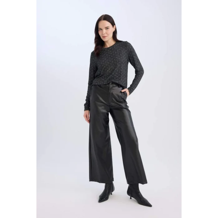 D7488 Gri Regular Fit Bisiklet Yaka Puantiyeli Uzun Kollu Tişört