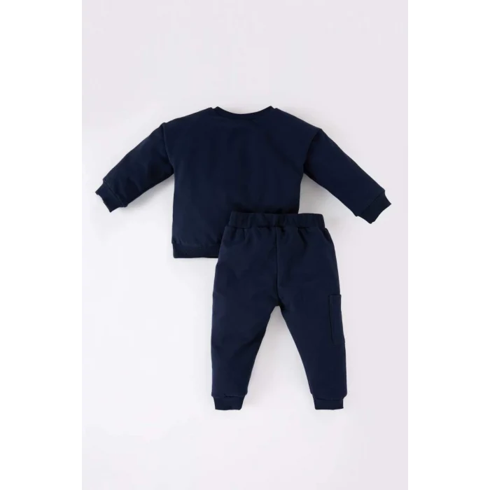 D7655 Erkek Bebek Bisiklet Yaka Baskılı Sweatshirt Beli Lastikli Eşofman Altı 2li Takım