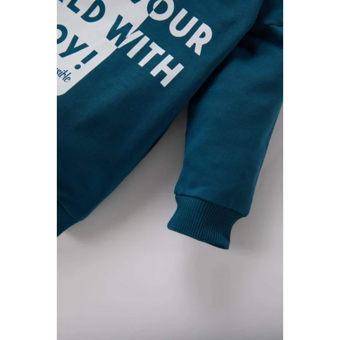 D7663 Erkek Bebek Bisiklet Yaka Baskılı Sweatshirt Beli Lastikli Kargo Cepli Eşofman Altı 2li Takım