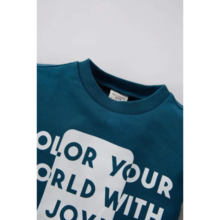 D7663 Erkek Bebek Bisiklet Yaka Baskılı Sweatshirt Beli Lastikli Kargo Cepli Eşofman Altı 2li Takım