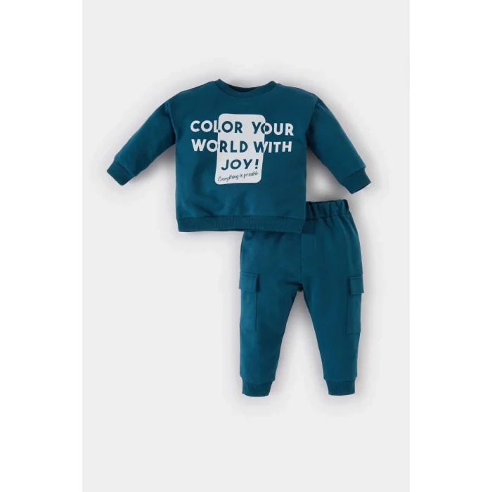 D7663 Erkek Bebek Bisiklet Yaka Baskılı Sweatshirt Beli Lastikli Kargo Cepli Eşofman Altı 2li Takım