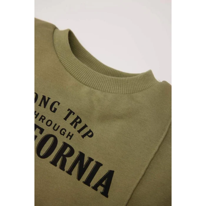 D7664 Erkek Bebek Bisiklet Yaka Baskılı Sweatshirt Beli Lastikli Eşofman Altı 2li Takım