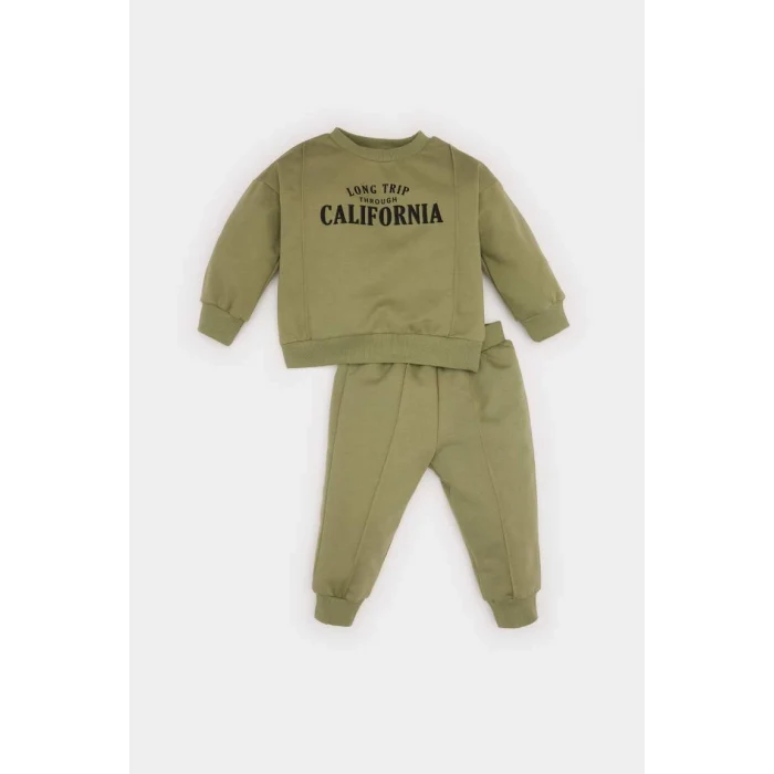 D7664 Erkek Bebek Bisiklet Yaka Baskılı Sweatshirt Beli Lastikli Eşofman Altı 2li Takım