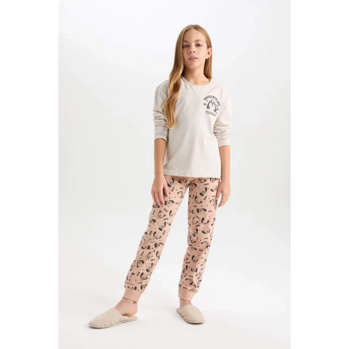 D7744 Desenli Beli Lastikli Pijama Takımı