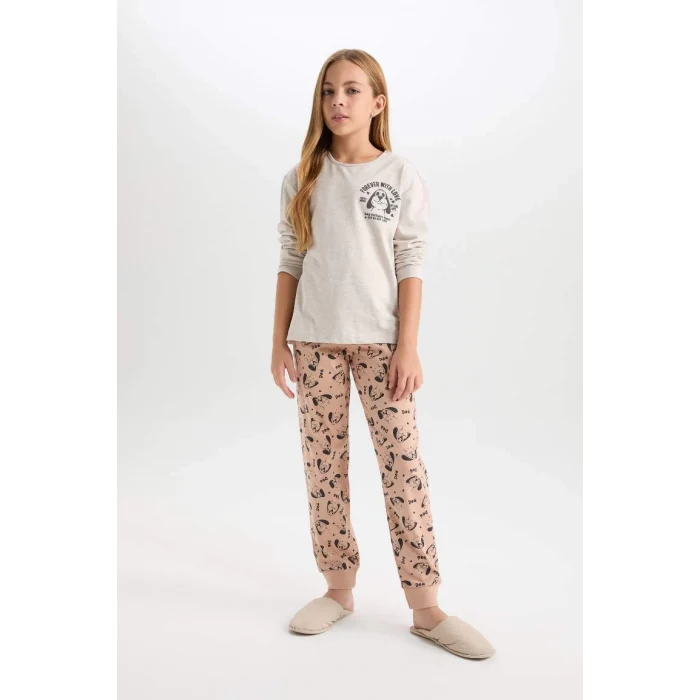 D7744 Desenli Beli Lastikli Pijama Takımı