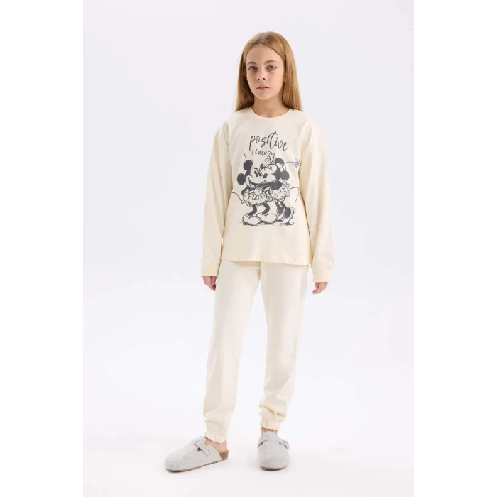 D7751 Disney Mickey & Minnie Bisiklet Yaka Uzun Kollu Üst Uzun Alt Pijama Takımı