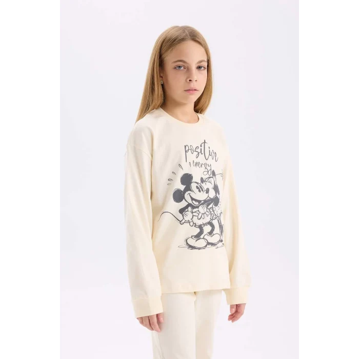 D7751 Disney Mickey & Minnie Bisiklet Yaka Uzun Kollu Üst Uzun Alt Pijama Takımı