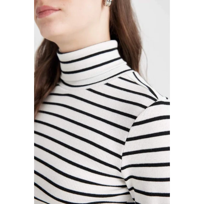 D8072 Coool Fitted Çizgili Fitilli Kaşkorse Balıkçı Yaka Uzun Kollu Tişört