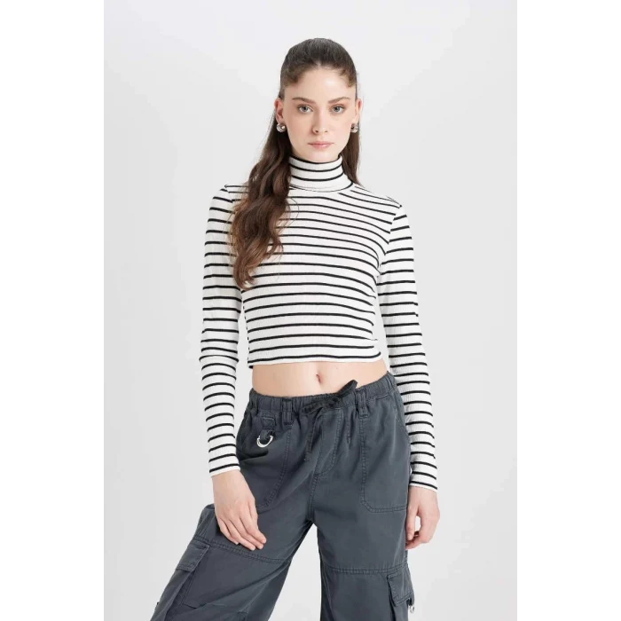 D8072 Coool Fitted Çizgili Fitilli Kaşkorse Balıkçı Yaka Uzun Kollu Tişört