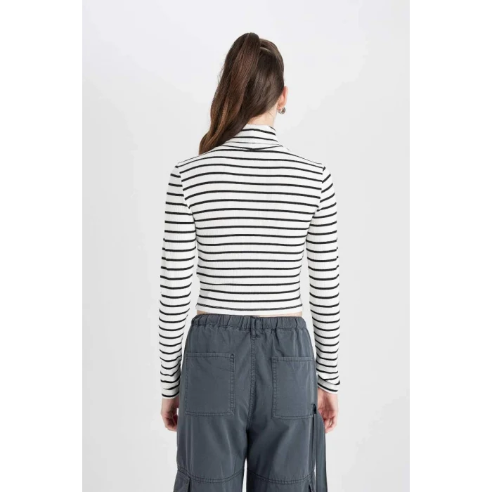 D8072 Coool Fitted Çizgili Fitilli Kaşkorse Balıkçı Yaka Uzun Kollu Tişört