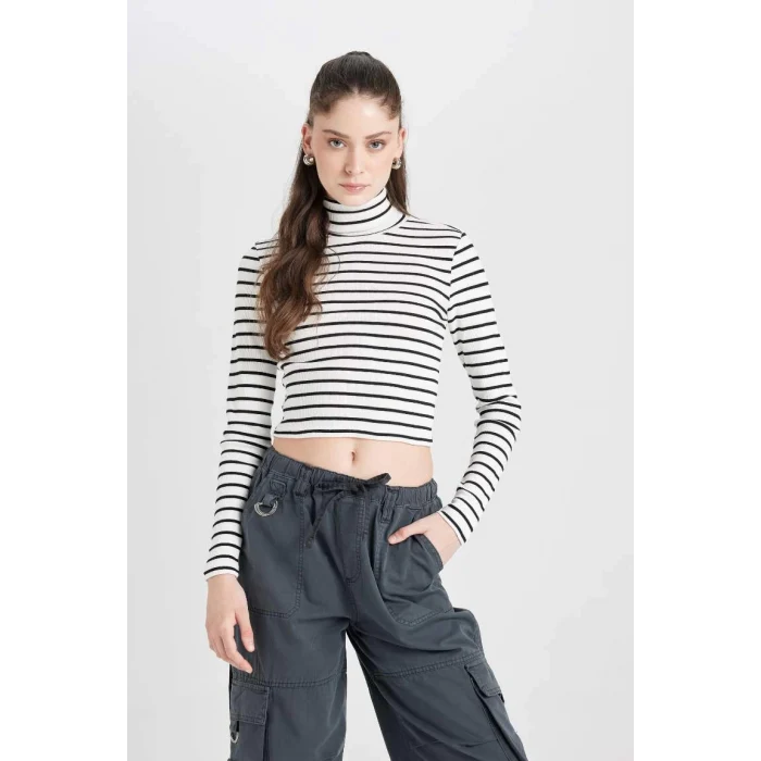 D8072 Coool Fitted Çizgili Fitilli Kaşkorse Balıkçı Yaka Uzun Kollu Tişört