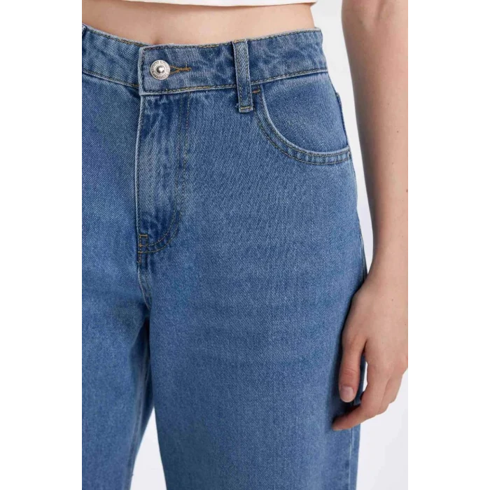 D8102 Wide Leg Yüksek Bel Uzun Jean Yıkamalı Pantolon