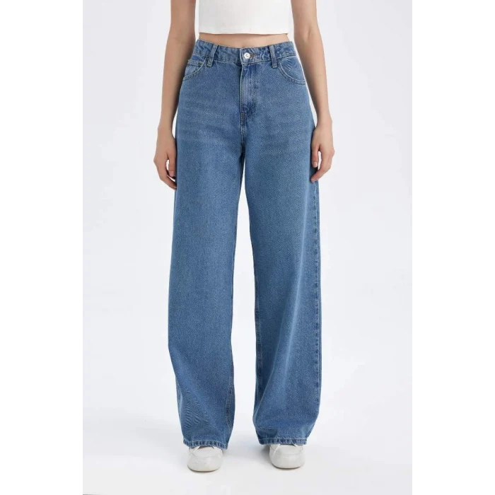 D8102 Wide Leg Yüksek Bel Uzun Jean Yıkamalı Pantolon