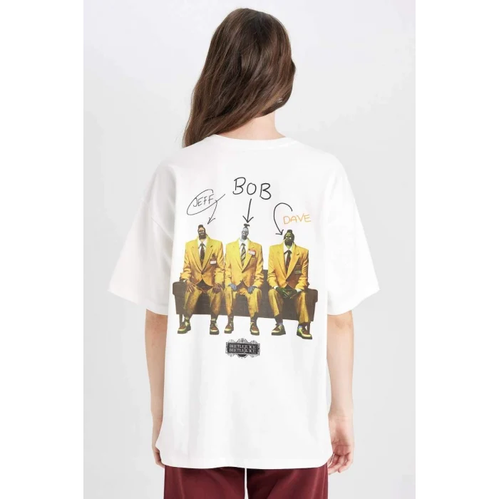 D8361 Coool Beetlejuice Oversize Geniş Kalıp Bisiklet Yaka Baskılı Kısa Kollu Tişört