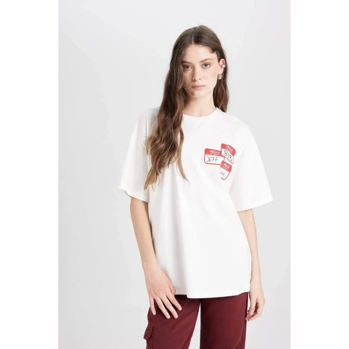 D8361 Coool Beetlejuice Oversize Geniş Kalıp Bisiklet Yaka Baskılı Kısa Kollu Tişört