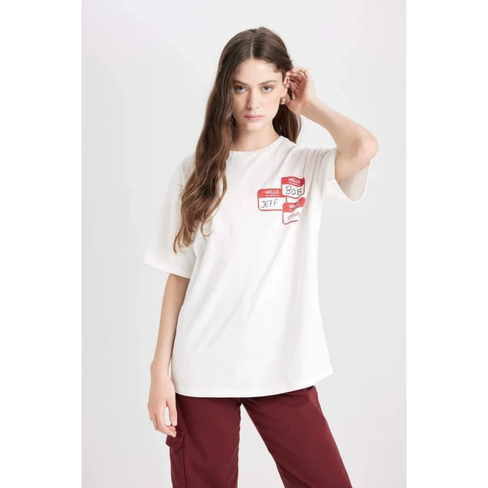 D8361 Coool Beetlejuice Oversize Geniş Kalıp Bisiklet Yaka Baskılı Kısa Kollu Tişört