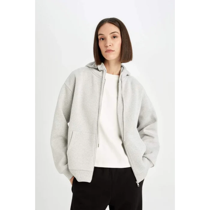 D8717 Relax Fit Kapüşonlu Kalın Fermuarlı Hırka
