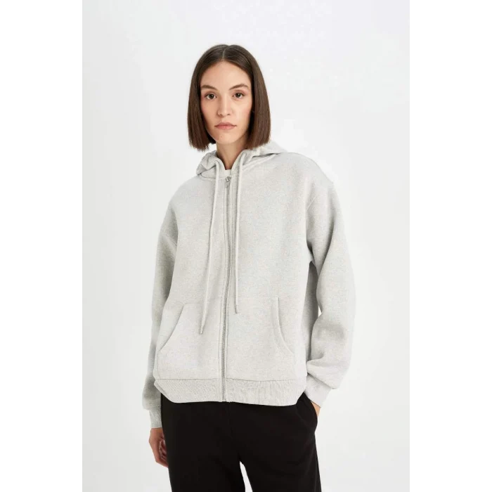 D8717 Relax Fit Kapüşonlu Kalın Fermuarlı Hırka
