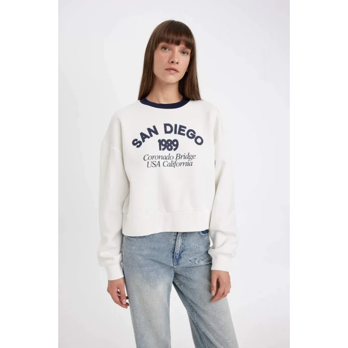 D8723 Boxy Fit Baskılı Kalın Casual Sweatshirt