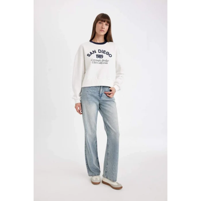 D8723 Boxy Fit Baskılı Kalın Casual Sweatshirt