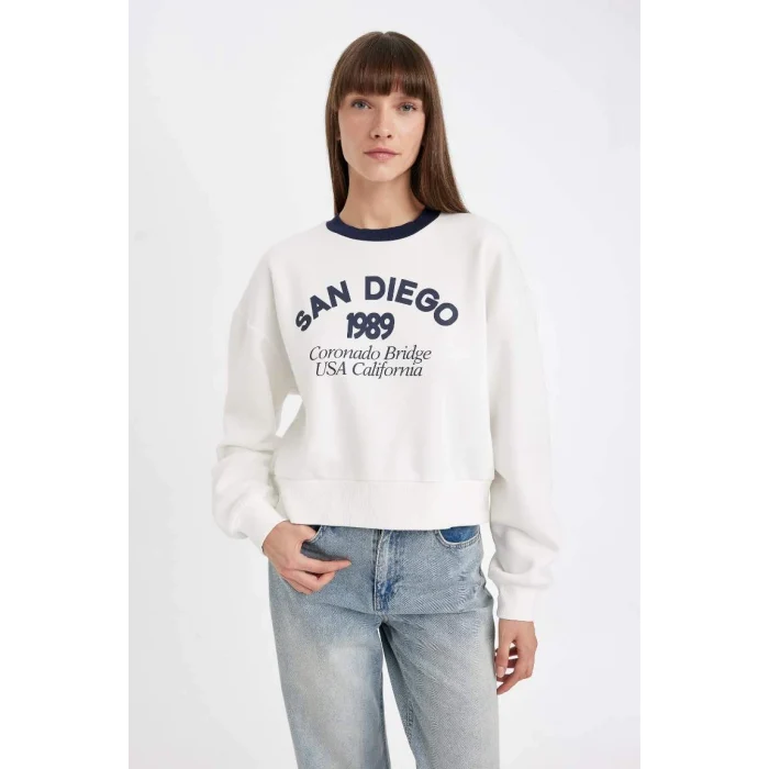 D8723 Boxy Fit Baskılı Kalın Casual Sweatshirt
