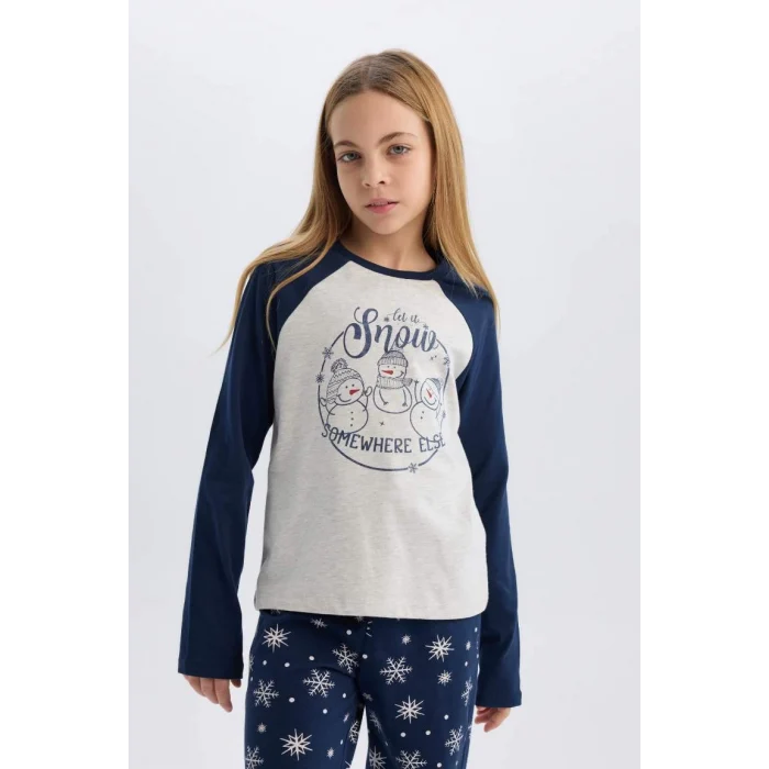 D8797 Kız Çocuk Yılbaşı Temalı Bisiklet Yaka Uzun Kollu Üst Uzun Alt Pijama Takımı