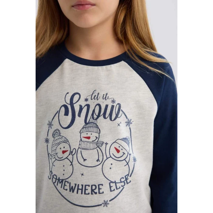 D8797 Kız Çocuk Yılbaşı Temalı Bisiklet Yaka Uzun Kollu Üst Uzun Alt Pijama Takımı