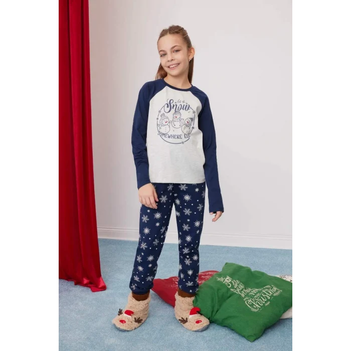 D8797 Kız Çocuk Yılbaşı Temalı Bisiklet Yaka Uzun Kollu Üst Uzun Alt Pijama Takımı