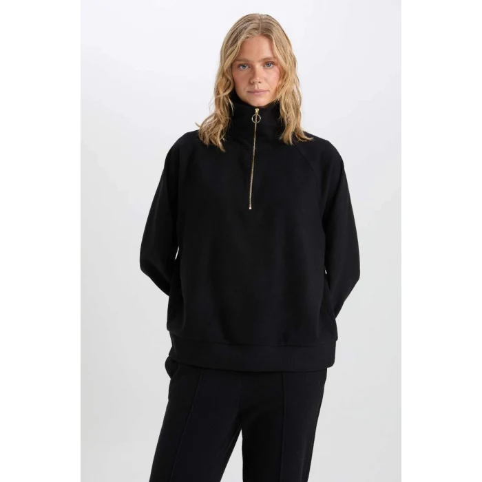 D9009 Yarım Fermuarlı Dik Yaka Basic Sweatshirt