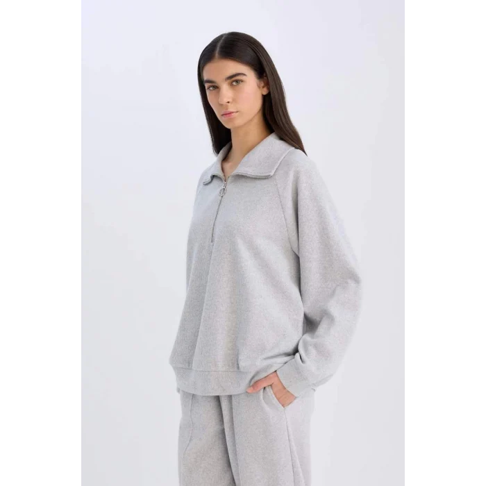 D9009 Yarım Fermuarlı Dik Yaka Basic Sweatshirt