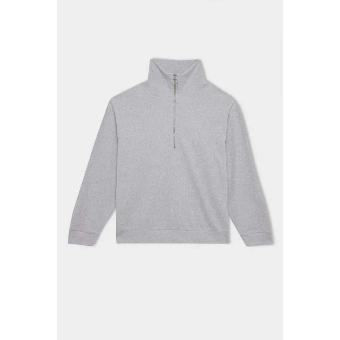 D9009 Yarım Fermuarlı Dik Yaka Basic Sweatshirt