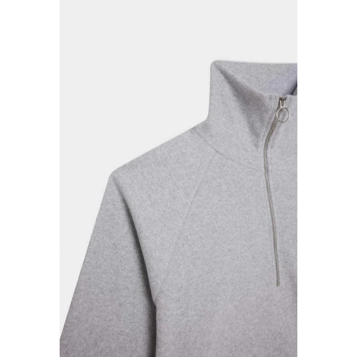D9009 Yarım Fermuarlı Dik Yaka Basic Sweatshirt