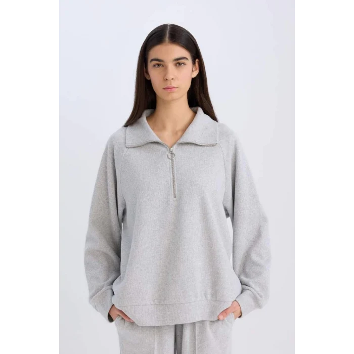 D9009 Yarım Fermuarlı Dik Yaka Basic Sweatshirt