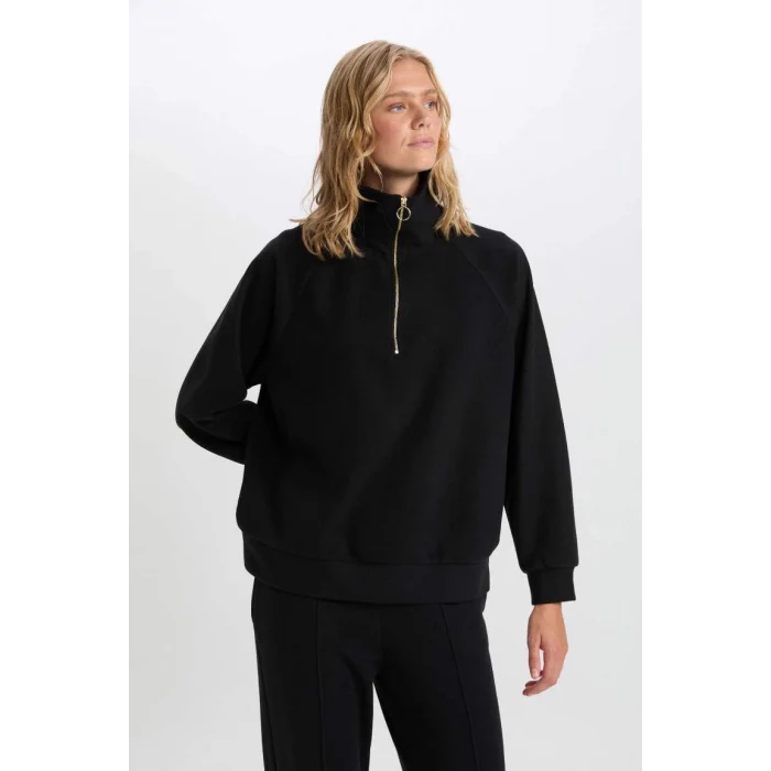D9009 Yarım Fermuarlı Dik Yaka Basic Sweatshirt