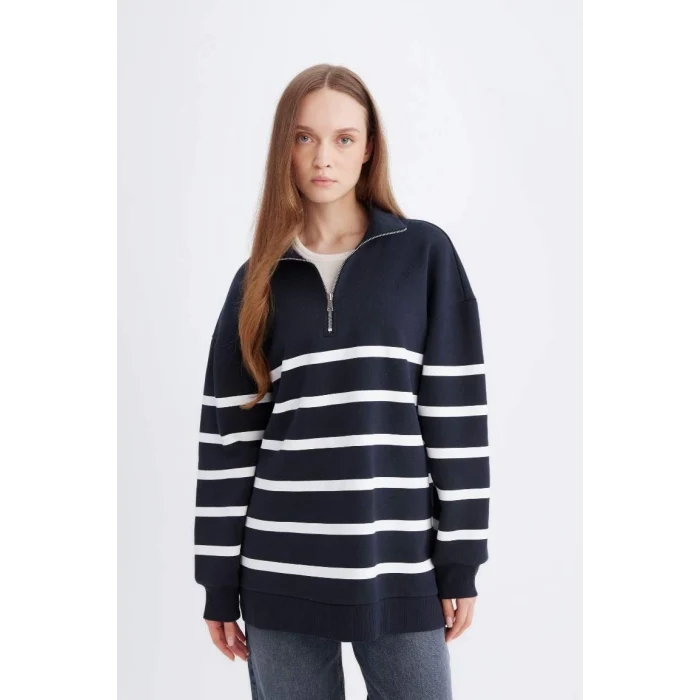 D9136 Relax Fit Polo Yaka Çizgili İçi Yumuşak Tüylü Kalın Sweatshirt Tunik